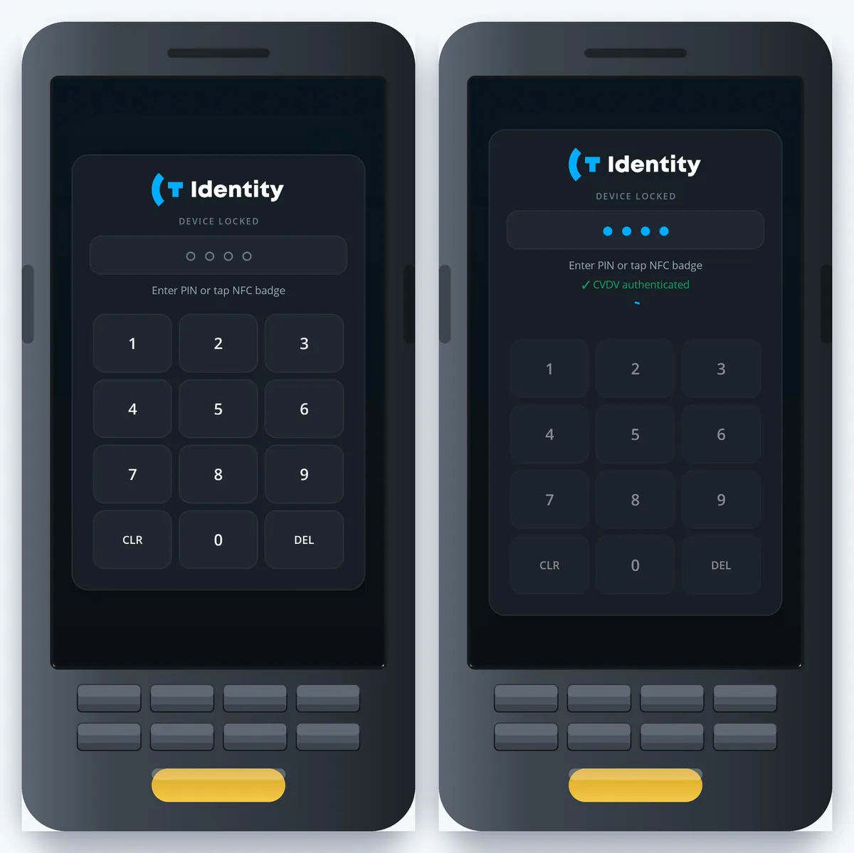 CT Identity on a handheld: the PIN pad locked, then the same pad with an NFC badge accepted