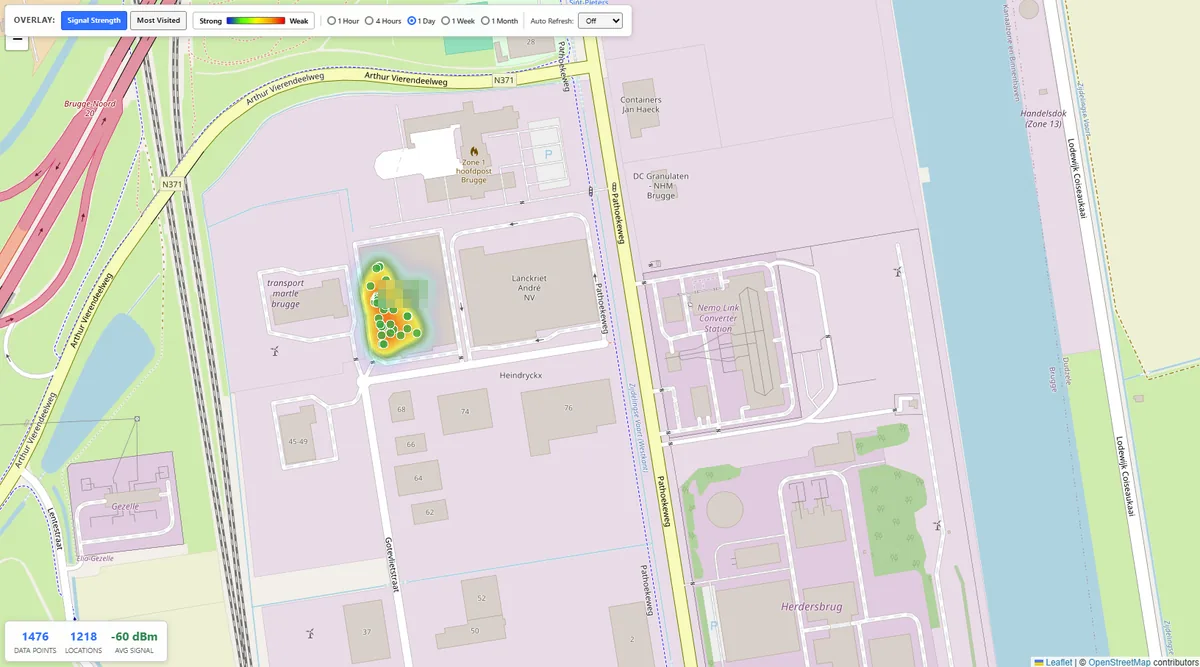 Warehouse wifi coverage map with signal strength heatmap overlay